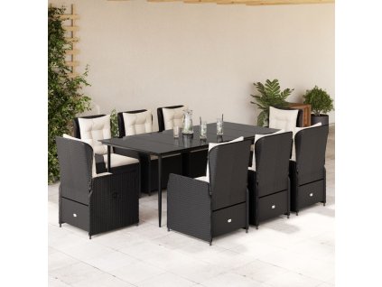 vidaXL 9dílný zahradní jídelní set s poduškami černý polyratan
