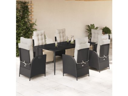 vidaXL 7dílný zahradní jídelní set s poduškami černý polyratan
