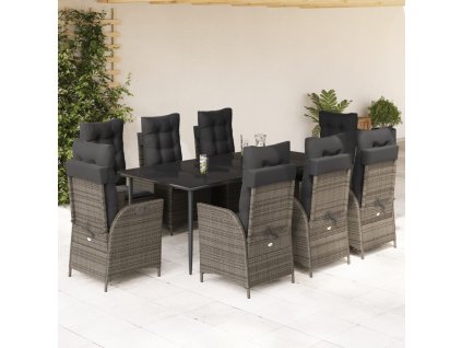 vidaXL 9dílný zahradní jídelní set s poduškami šedý polyratan