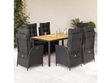 vidaXL 7dílný zahradní jídelní set s poduškami černý polyratan