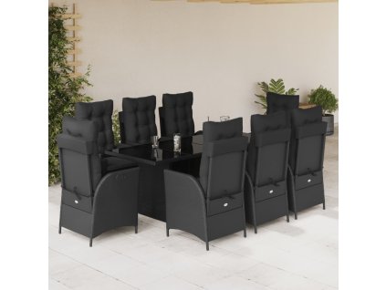 vidaXL 9dílný zahradní jídelní set s poduškami černý polyratan