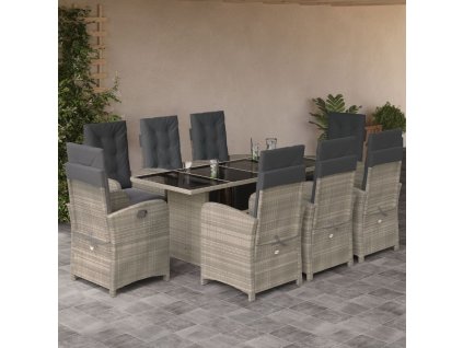 vidaXL 9dílný zahradní jídelní set s poduškami světle šedý polyratan