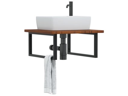 vidaXL Deska pod umyvadlo nástěnná ocel a masivní dubové dřevo