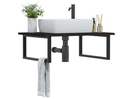 vidaXL Deska pod umyvadlo nástěnná ocel a masivní dubové dřevo