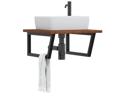 vidaXL Deska pod umyvadlo nástěnná ocel a masivní dubové dřevo