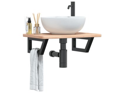 vidaXL Deska pod umyvadlo nástěnná ocel a masivní dubové dřevo