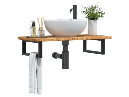 vidaXL Deska pod umyvadlo nástěnná ocel a masivní dubové dřevo