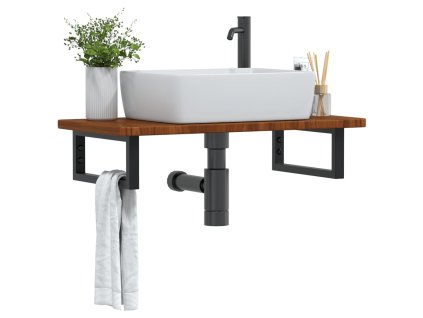 vidaXL Deska pod umyvadlo nástěnná ocel a masivní dubové dřevo