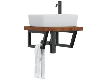 vidaXL Deska pod umyvadlo nástěnná ocel a masivní dubové dřevo