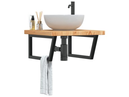 vidaXL Deska pod umyvadlo nástěnná ocel a masivní dubové dřevo