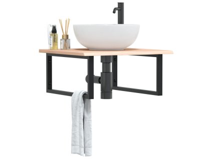 vidaXL Deska pod umyvadlo nástěnná ocel a masivní dubové dřevo