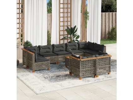 vidaXL 10dílná zahradní sedací souprava s poduškami šedá polyratan