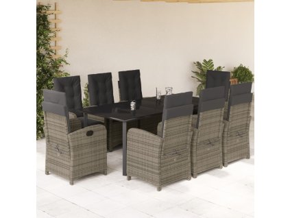 vidaXL 9dílný zahradní jídelní set s poduškami šedý polyratan