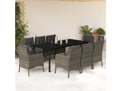 vidaXL 9dílný zahradní jídelní set s poduškami šedý polyratan