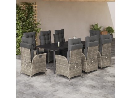 vidaXL 9dílný zahradní jídelní set s poduškami světle šedý polyratan