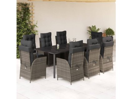 vidaXL 9dílný zahradní jídelní set s poduškami šedý polyratan