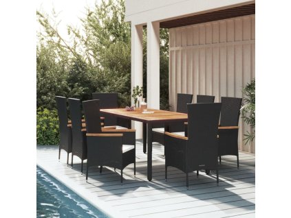 vidaXL 9dílný zahradní jídelní set s poduškami černý polyratan