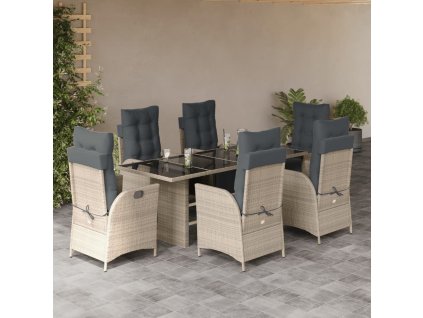 vidaXL 7dílný zahradní jídelní set s poduškami světle šedý polyratan