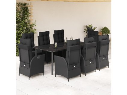 vidaXL 9dílný zahradní jídelní set s poduškami černý polyratan