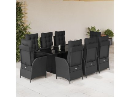vidaXL 9dílný zahradní jídelní set s poduškami černý polyratan