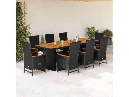 vidaXL 9dílný zahradní jídelní set s poduškami černý polyratan