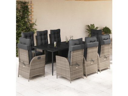 vidaXL 9dílný zahradní jídelní set s poduškami šedý polyratan