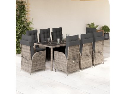 vidaXL 9dílný zahradní jídelní set s poduškami šedý polyratan