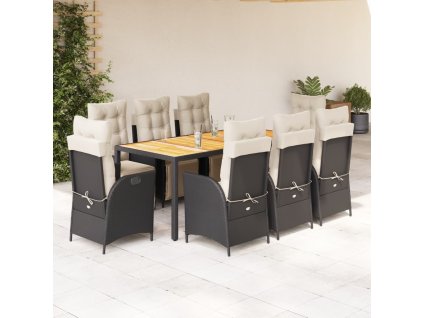 vidaXL 9dílný zahradní jídelní set s poduškami černý polyratan