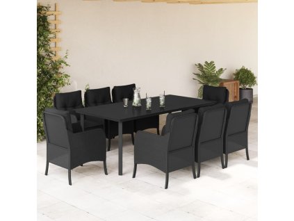 vidaXL 9dílný zahradní jídelní set s poduškami černý polyratan