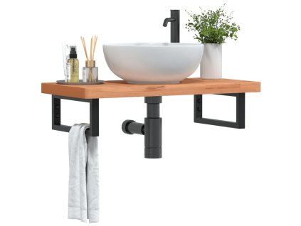 vidaXL Deska pod umyvadlo nástěnná ocel a masivní bukové dřevo