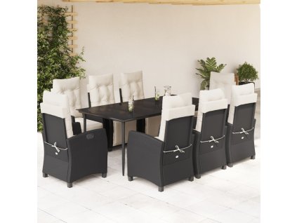 vidaXL 9dílný zahradní jídelní set s poduškami černý polyratan