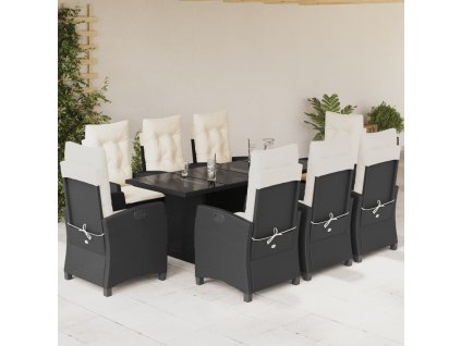 vidaXL 9dílný zahradní jídelní set s poduškami černý polyratan
