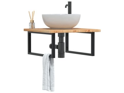 vidaXL Deska pod umyvadlo nástěnná ocel a masivní dubové dřevo