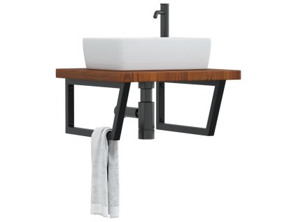 vidaXL Deska pod umyvadlo nástěnná ocel a masivní dubové dřevo