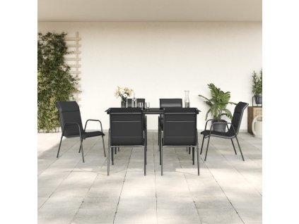 vidaXL 7dílný zahradní jídelní set černý ocel a textilen