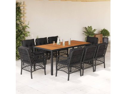 vidaXL 9dílný zahradní jídelní set s poduškami černý polyratan