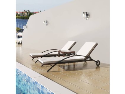 vidaXL Zahradní lehátka se stolkem polyratan hnědá