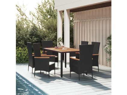 vidaXL 7dílný zahradní jídelní set s poduškami černý polyratan