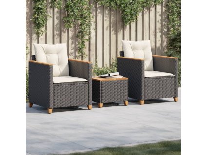 vidaXL 3dílný bistro set s poduškami černý polyratan akáciové dřevo