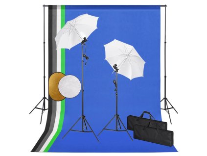 vidaXL Foto studio set se světly, deštníky, pozadím a odraznou deskou