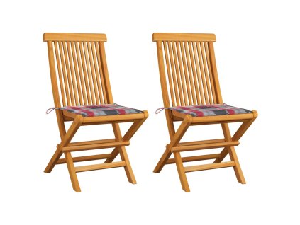 vidaXL Zahradní židle + červené kárované podušky 2 ks masivní teak