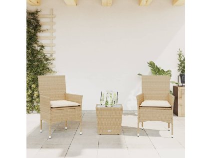 vidaXL 3dílný bistro set s poduškami béžový polyratan a sklo