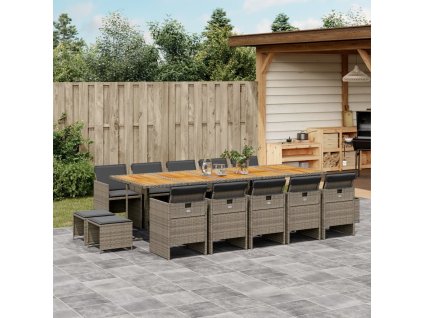 vidaXL 15dílný zahradní jídelní set s poduškami šedý polyratan