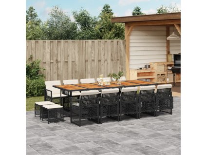 vidaXL 15dílný zahradní jídelní set s poduškami černý polyratan