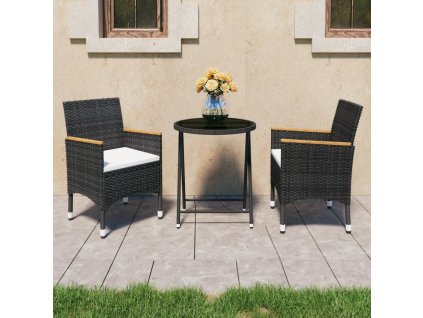 vidaXL 3dílný zahradní bistro set polyratan a tvrzené sklo černý