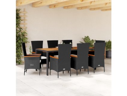 vidaXL 9dílný zahradní jídelní set s poduškami černý polyratan