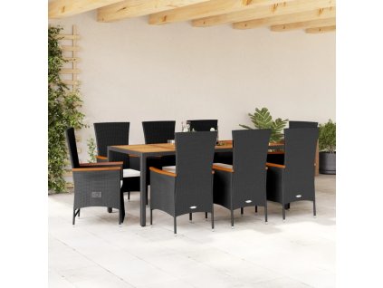 vidaXL 9dílný zahradní jídelní set s poduškami černý polyratan