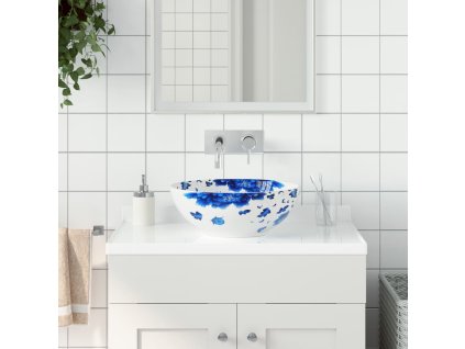 vidaXL Umyvadlo na desku bílé a modré kulaté Φ 41 x 14 cm keramika