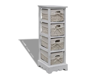 vidaXL Dřevěný úložný regál se 4 proutěnými košíky bílý