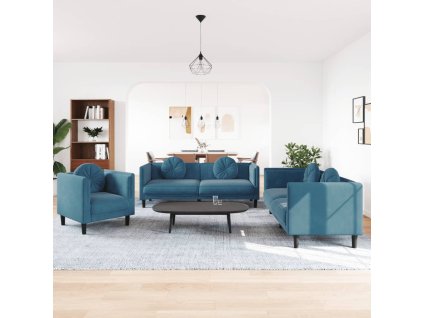vidaXL 3dílná sedací souprava s polštáři modrá samet